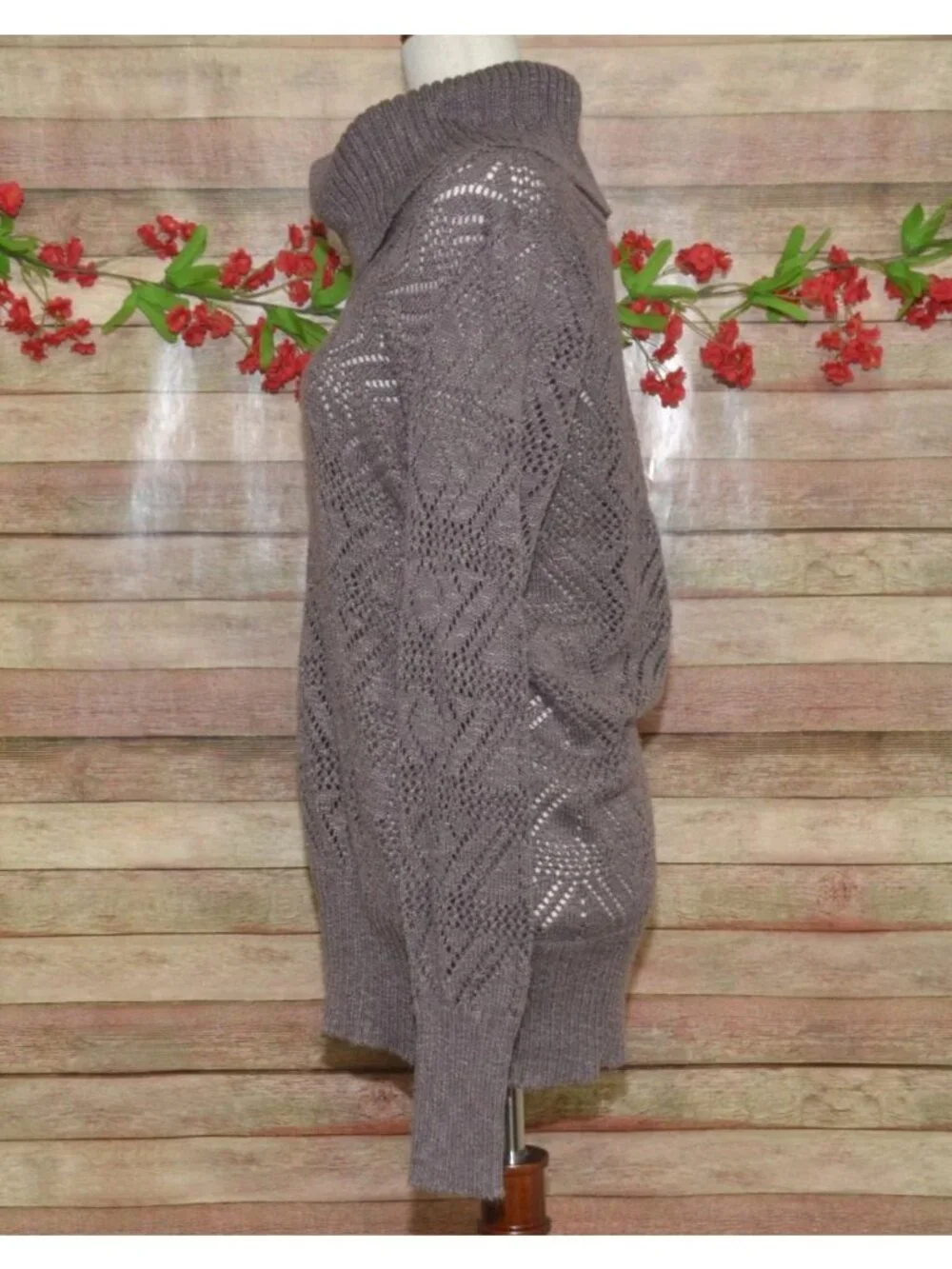 Maurices Sweater Womens L Taupe Brown Cowl Neck Pointelle Open Knit Boho